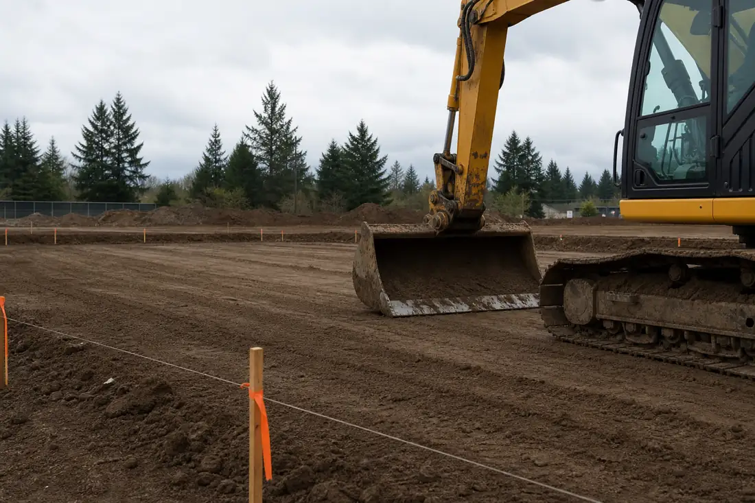 Excavator grading and leveling a dirt lot with grade stakes in Hillsboro, OR