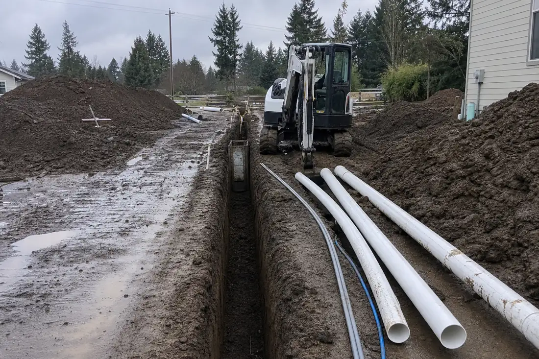 Utility trenching for water and sewer lines on a Hillsboro, OR job site